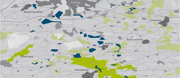 Die Grafik zeigt eine schematische Karte einer Region mit Städten wie Leipzig, Borna und Altenburg. Verschiedene Farbtöne repräsentieren unterschiedliche geografische Merkmale oder Nutzungstypen. Die Stadtgrenzen sind deutlich markiert.