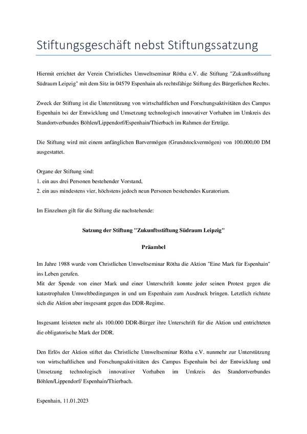 Satzung der Zukunftstiftung